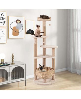 65" Cattail Cat Tower with Jute Scratching Posts Perch Basket Bed Dangling Balls