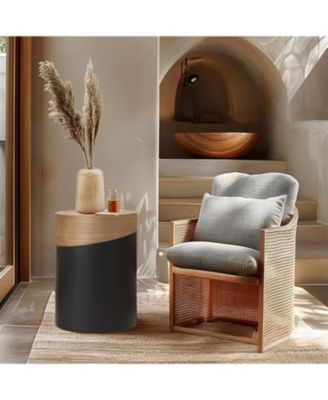 Natural Wood and Metal Round Drum Modern Accent End Side Table