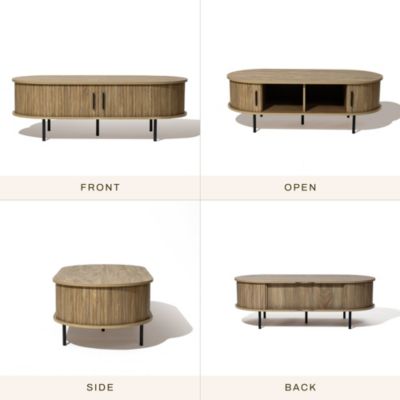 Standard Wood Slatted Sliding Doors Storage Mid-Century Modern Oval Coffee Table