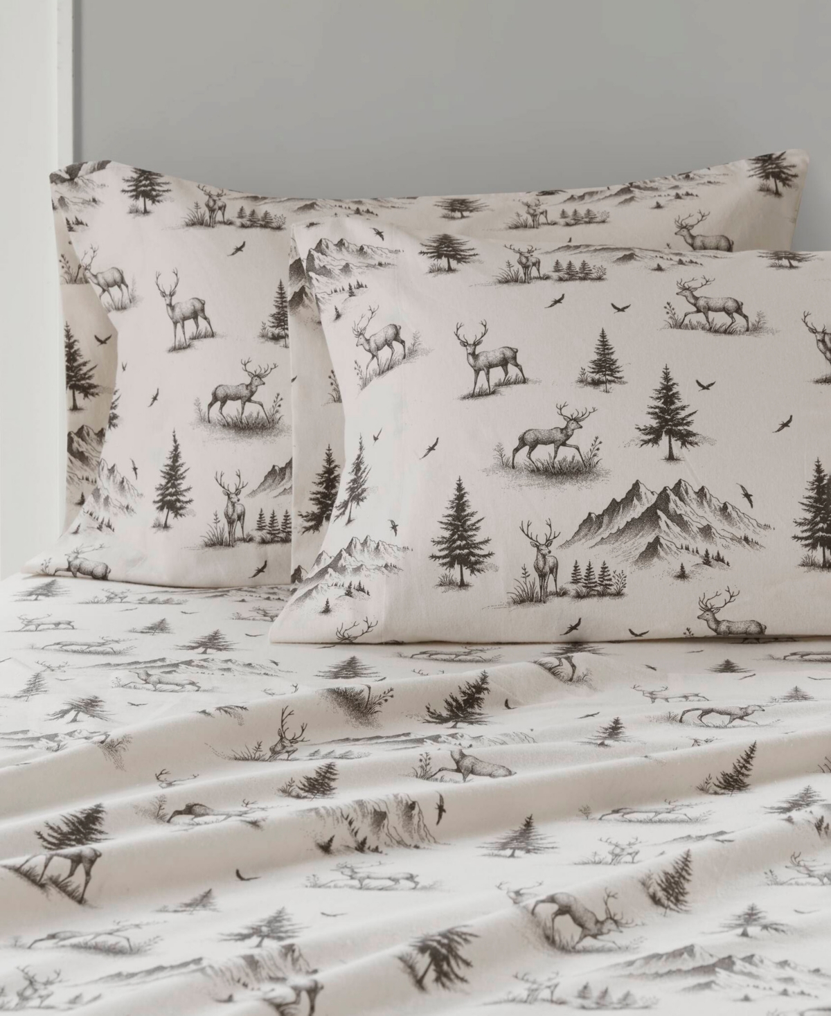 Woolrich Printed Flannel 4-pc. Sheet Set, Queen In Gray Deer Toile