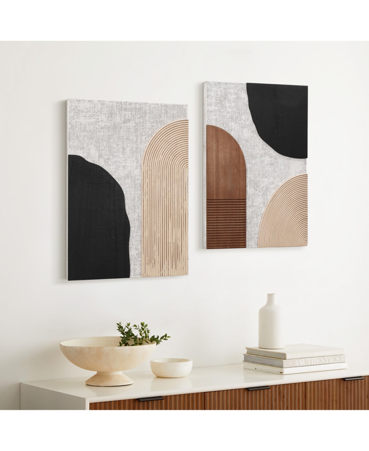 Luxenhome 2-pc Earth Tone Abstract Rectangular Wood Wall Decor Set In White,black,brown,beige
