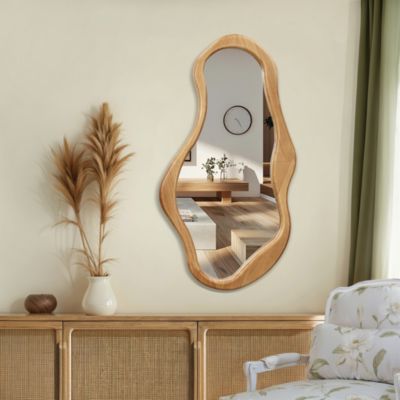 Natural Pine Wood Frame Irregular Oval Wall Mirror Decor Wall Mounted Accent Hanging Mirror