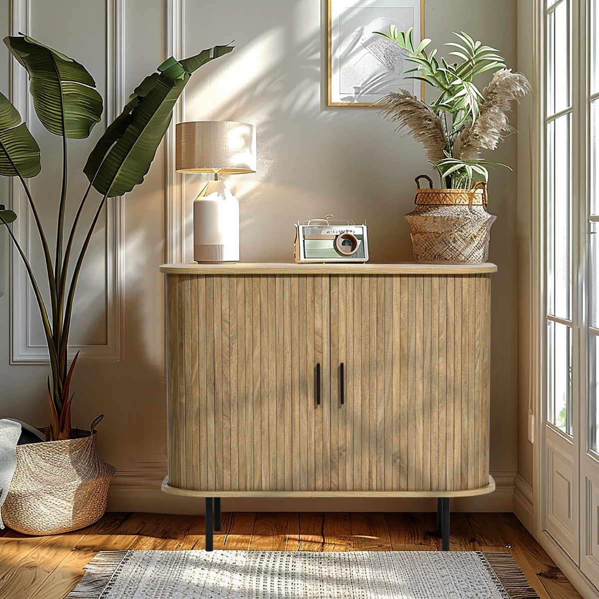 Luxenhome Mid-century Modern 2-door Accent Cabinet With Slatted Sliding Doors In Brown