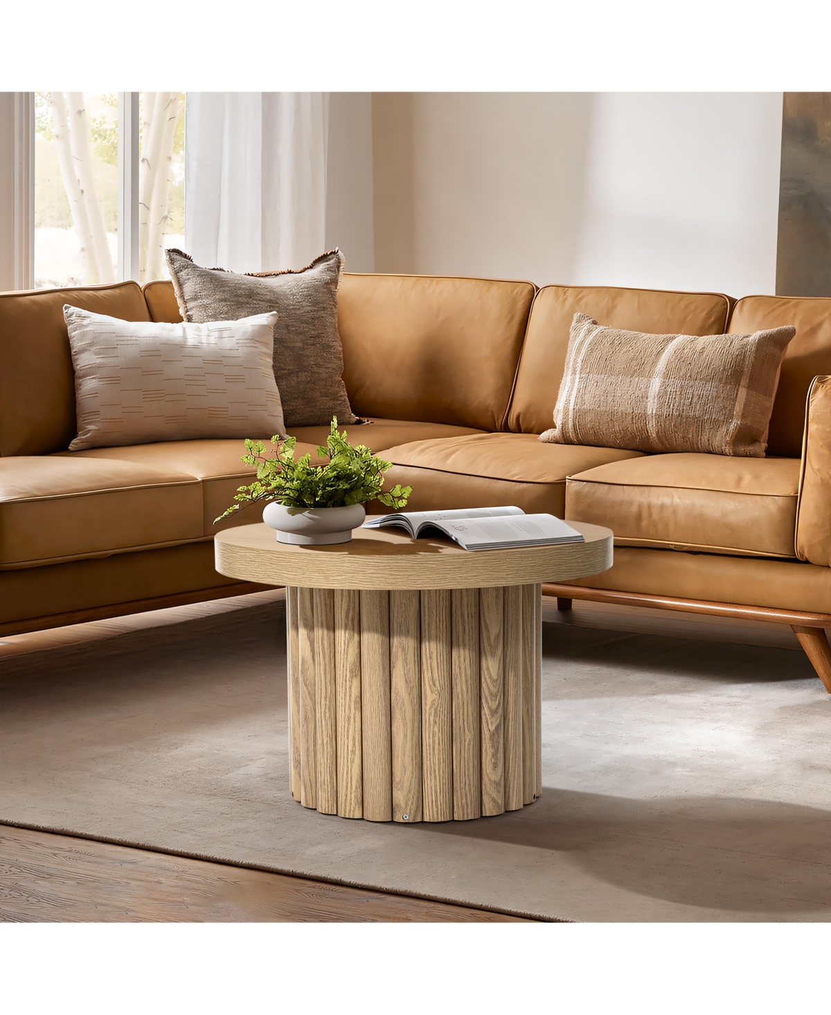 LuxenHomeWood Fluted Round Coffee Table - Brown