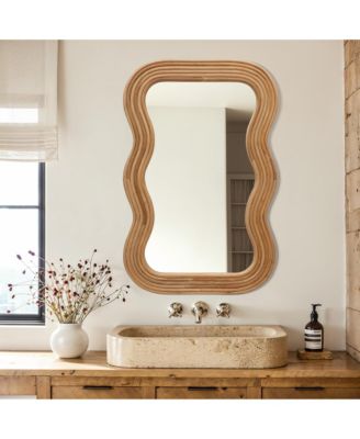 39-Inch Tall Rectangular Natural Cork Wood Wavy Frame Accent Wall Mirror