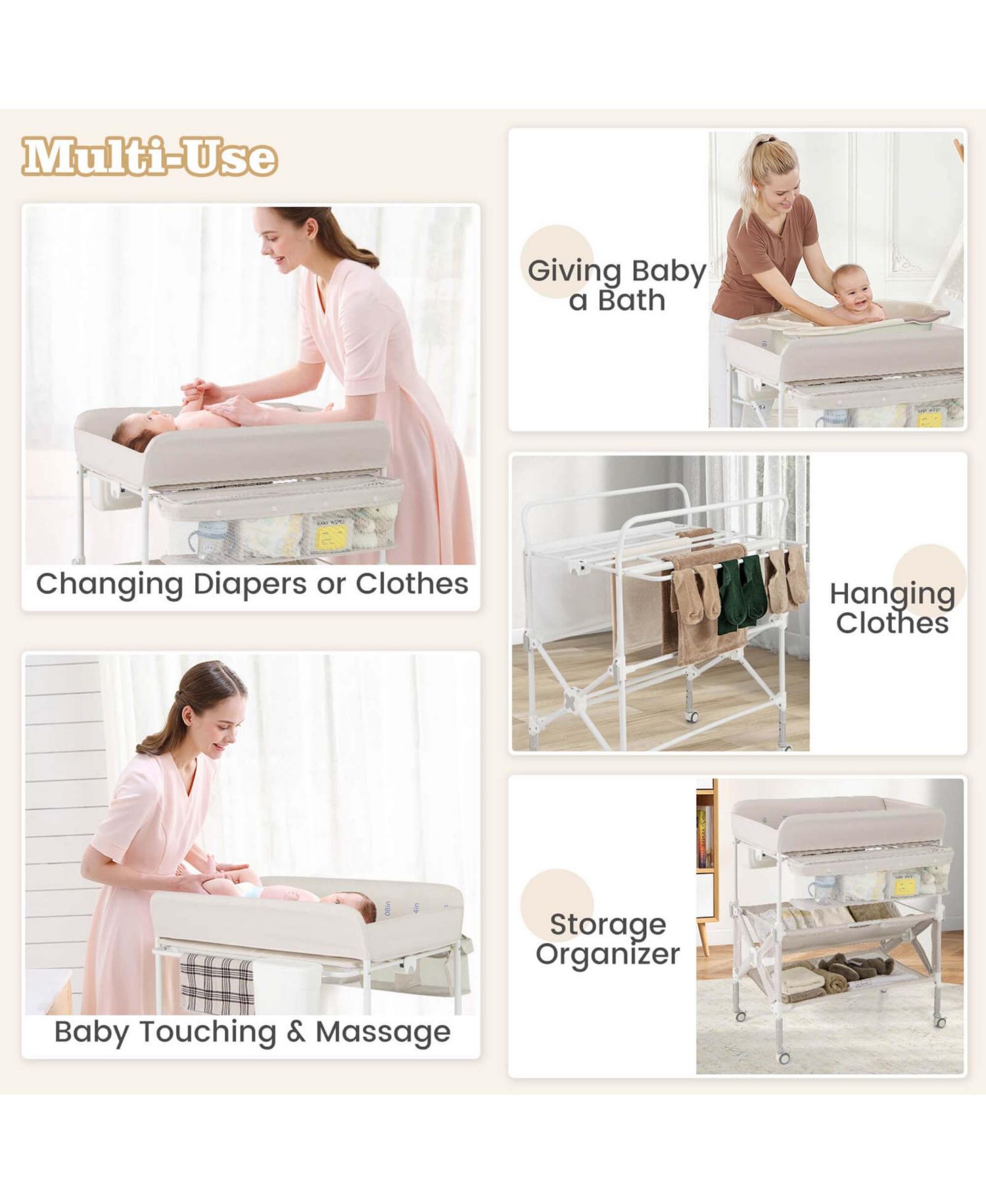 Portable Baby Changing Table with Wheels Adjustable Height Large Storage Rack