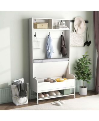 69" Tall Hall Tree with Seat Cushion Open Compartments Hooks Lift-top Storage