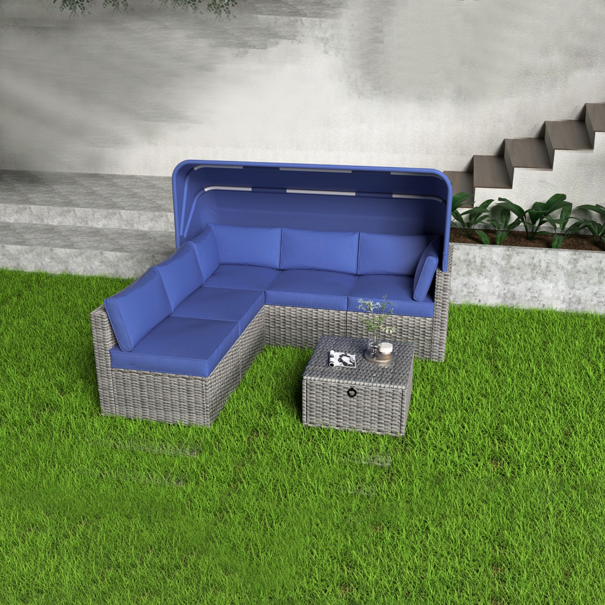 Streamdale Furniture 6 Pieces Patio Furniture Sets, Outdoor Rattan Daybed with Retractable Canopy, Outdoor Sectional Sofa Set with Adjustable Backrest