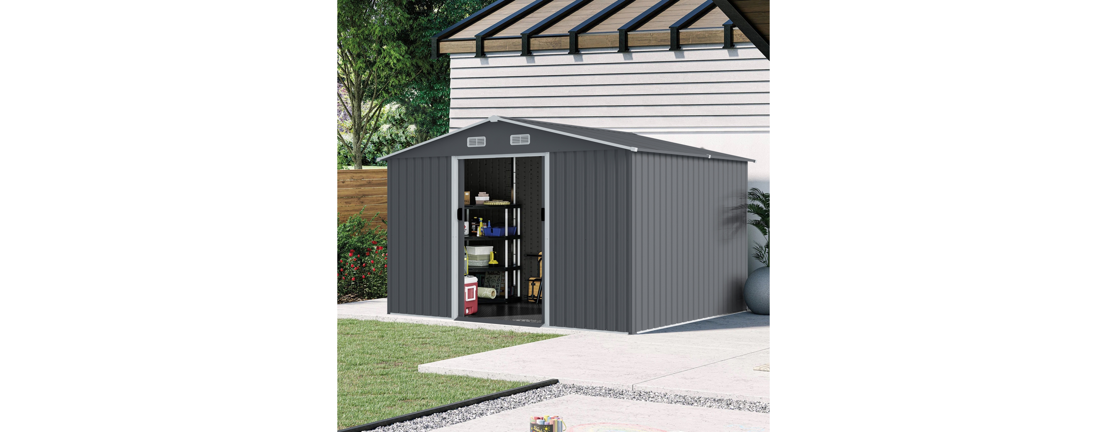 Outdoor Storage Shed 8 x 10 Ft Large Metal Tool Sheds, Heavy Duty Storage House with Sliding Doors with Air Vent for Backyard Patio Lawn to Store Bike