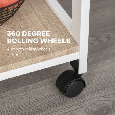 Mobile Kitchen Cart, Rolling Kitchen Island with Storage, Solid Wood Frame Utility Cart with Wire Fruit Baskets, Trays and Drawer, White