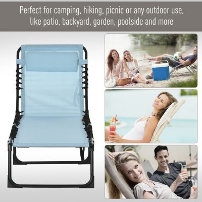 Folding Chaise Lounge Pool Chair, Patio Sun Tanning Chair, Outdoor Lounge Chair w/ 4-Position Reclining Back, Pillow, Breathable Mesh & Bungee Seat for Beach, Yard, Patio, Baby Blue