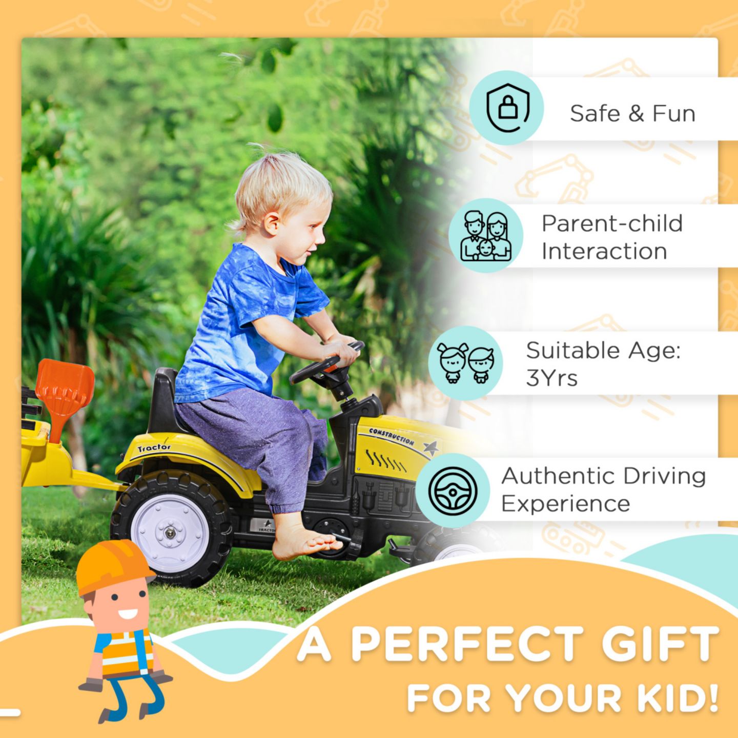 Детская игрушка Streamdale Furniture Farm Tractor with Storage Trailer, Manual Pedal, Horn Ride-On Toy, 77 lbs. Capacity, Ages 3+, цвет: Жёлтый — фото 5