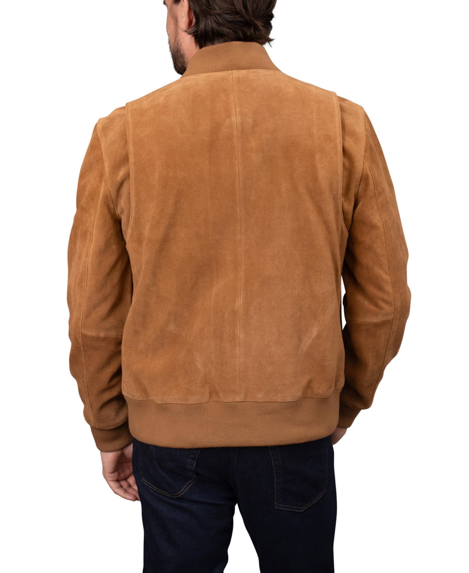 Men's Genuine Suede Angled Rib-Knit Collar Bomber Jacket