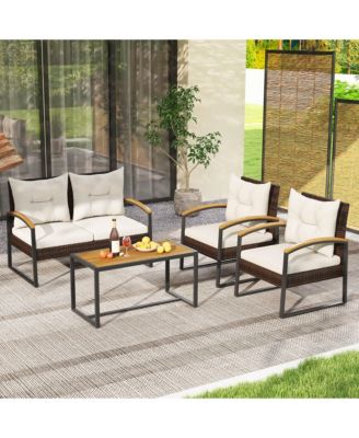 4 PCS Patio Conversation Set with Coffee Table Solid Acacia Wood Armrests Tabletop