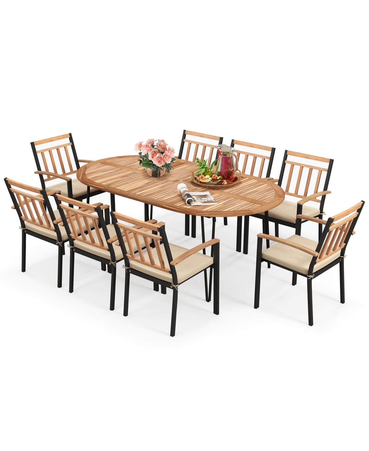Costway 9 Pieces Outdoor Dining Set with Acacia Wood Top & Umbrella Hole Metal Frame
