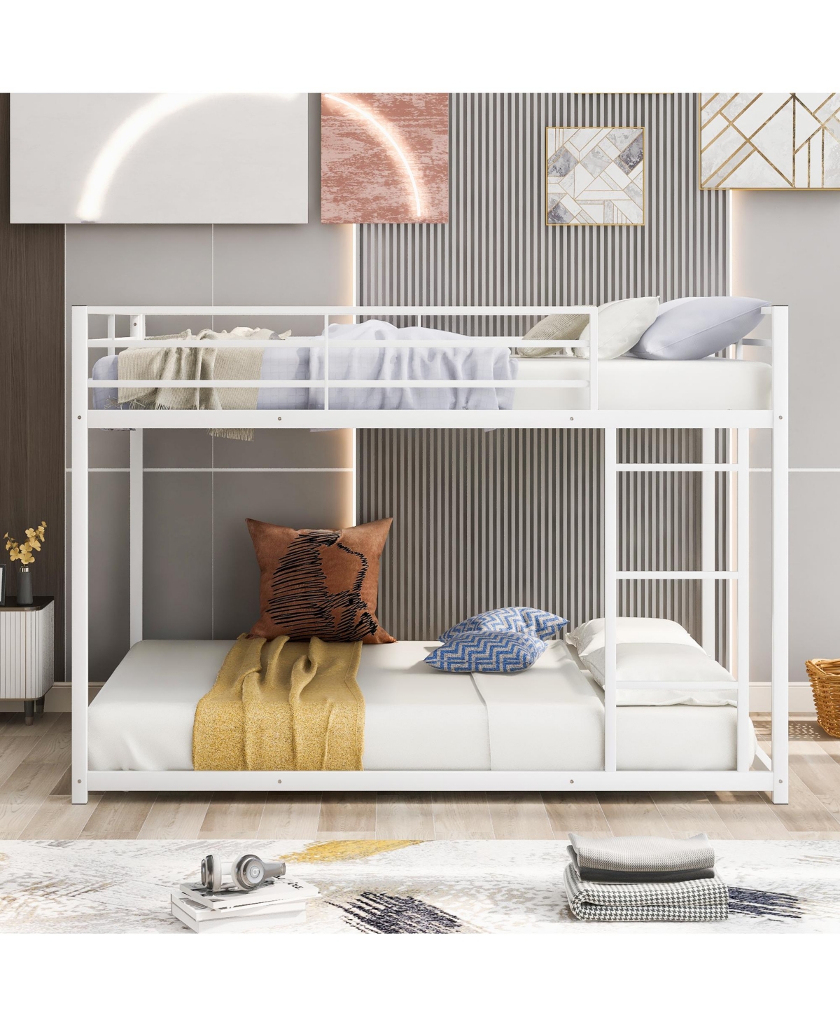 Slickblue Full over Full Metal Bunk Bed, Low Bunk Bed with Ladder