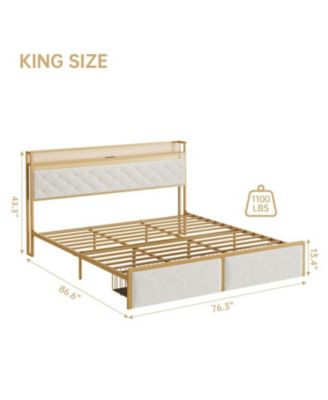 King Size Led Bed Frame with Headboard and 2 Storage Drawers, Upholstered Platform Bed with Charging Station, No Box Spring Needed
