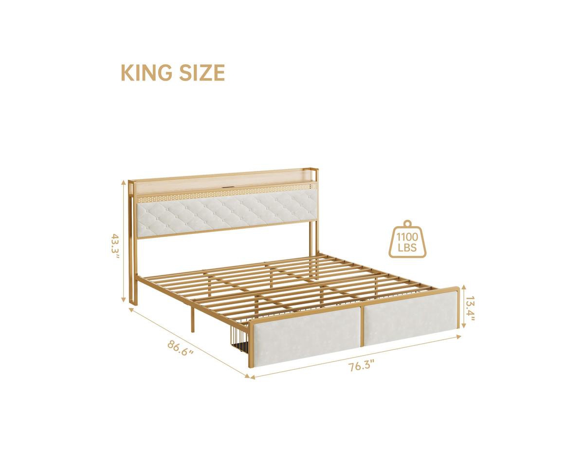 gaomon King Size Led Bed Frame with Headboard and 2 Storage Drawers, Upholstered Platform Bed with Charging Station