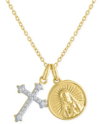 Macy's - Diamond Cross & Saint Medallion 18" Pendant Necklace (1/10 ct. t.w.) in 14k Gold-Plated Sterling Silver