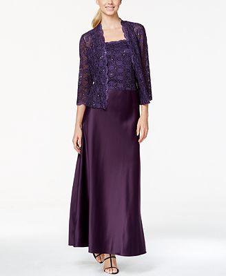 Alex Evenings Sequin-Lace Satin Gown and Jacket - Dresses - Women - Macy's