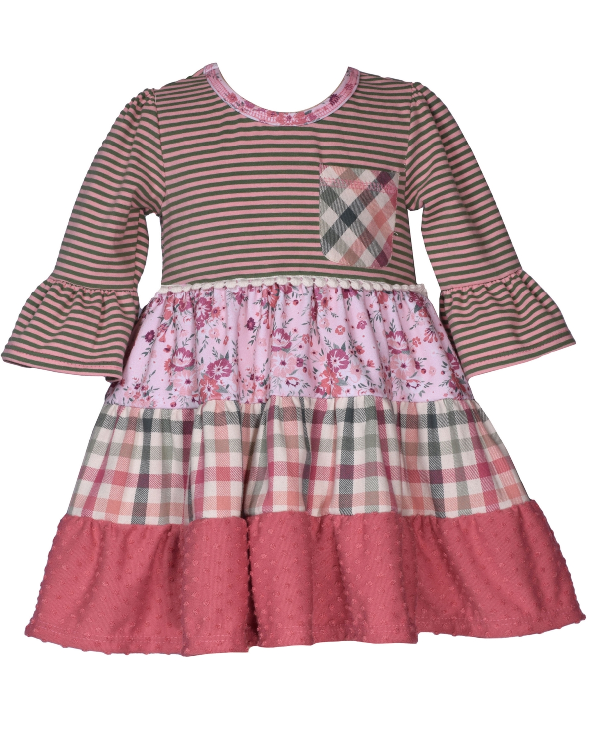 Bonnie Jean Kids' Little Girls Long Sleeved Mixed Print Tiered Dress In Green