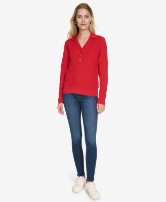 Women's Solid Button V Neck Polo Sweater