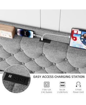 King Size Bed Frame with Upholstered Wingback Headboard, Luxurious Linen Upholstery Platform Bed with Charging Station, Button Tufted Design, No Box Spring Needed, Light Grey