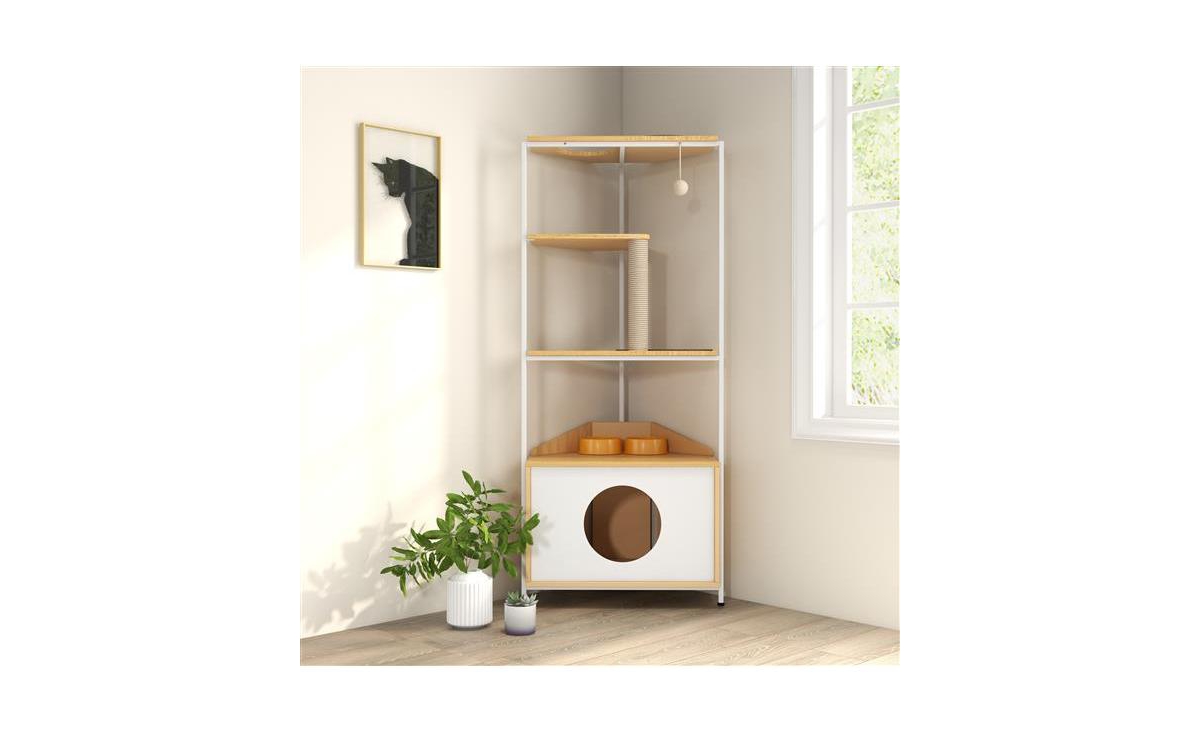 Slickblue Corner Cat Tower, Cat Tree with Scratching Post, Cat Condo with Feeding Station and Climbing Platforms, Pet Furniture for Indoor Cats - Whit