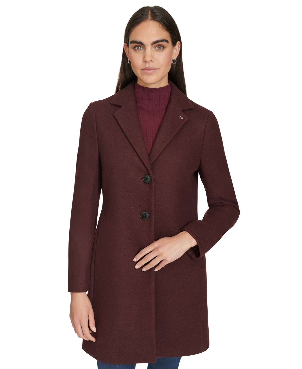 Calvin Klein Women's Single-breasted Notched-collar Coat In Burgundy