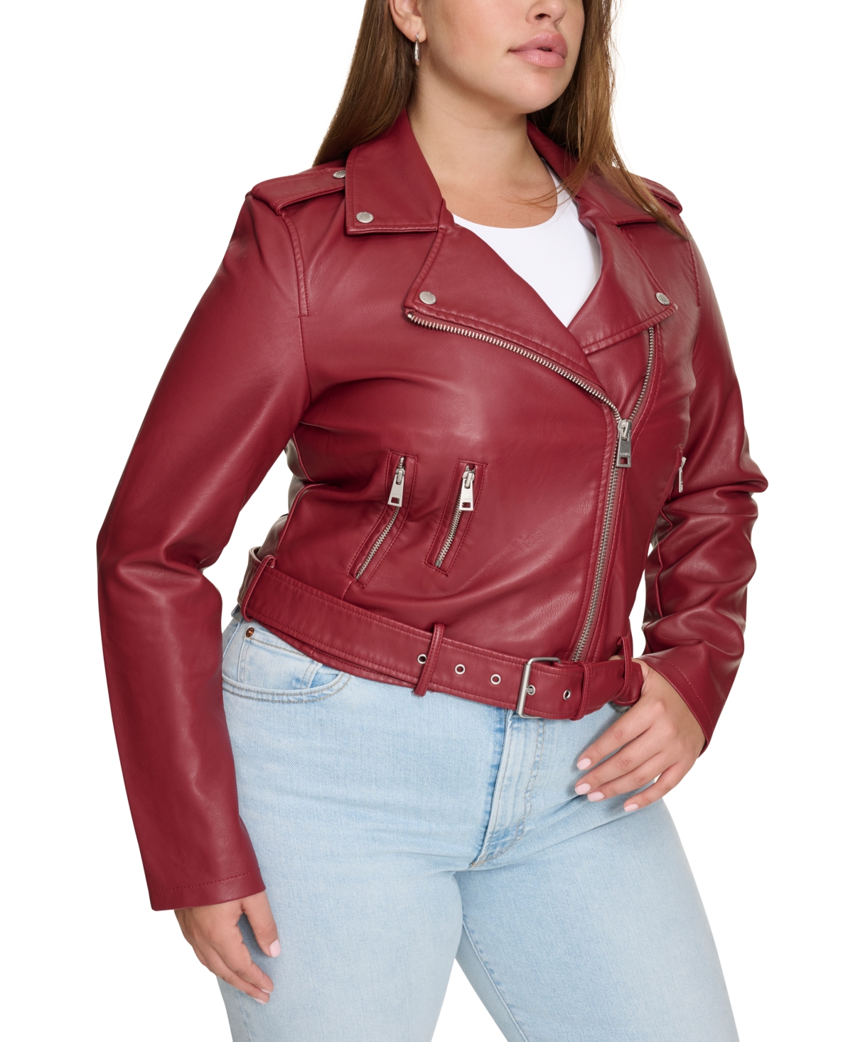 Levi's Plus Size Faux Leather Belted Motorcycle Jacket In Deep Red