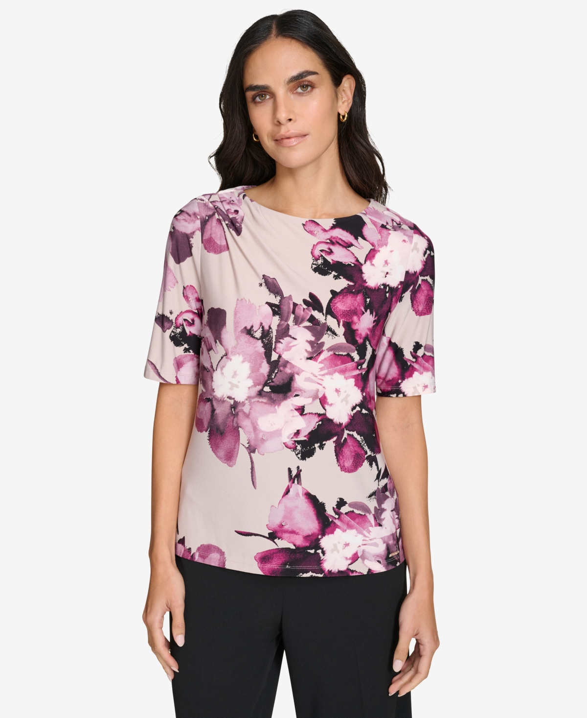 Calvin Klein Women's Crewneck Elbow-Sleeve Blouse