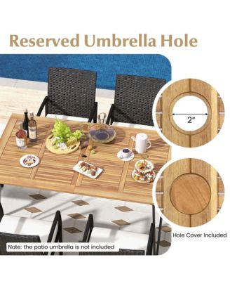 7 PCS Patio Dining Set with Acacia Wood Dining Table Rattan Armchairs Soft Cushions