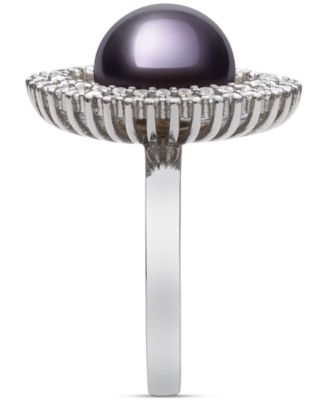 Peacock Black Cultured Freshwater Pearl (10mm) & Cubic Zirconia Halo Ring in Sterling Silver (Also in White Cultured Freshwater Pearl)