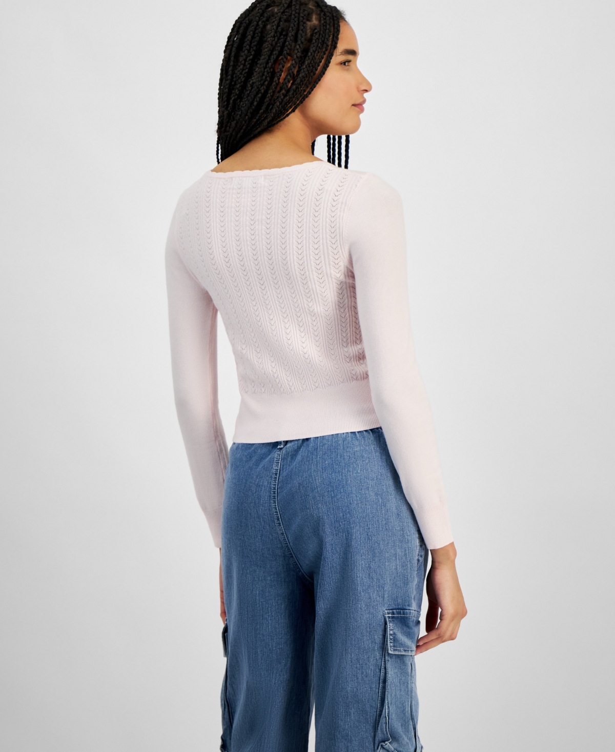 Hooked Up By Iot Juniors' Pointelle V-neck Long-sleeve Sweater In Tender Touch