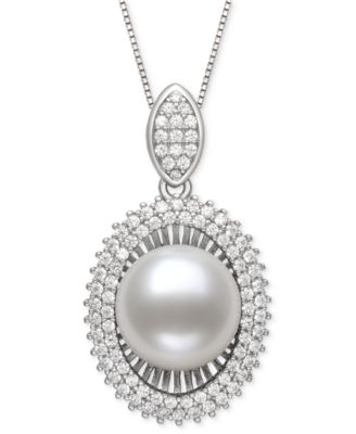 Peacock Black Cultured Freshwater Pearl & Cubic Zirconia 18" Pendant Necklace in Sterling Silver (Also in White Pearl)