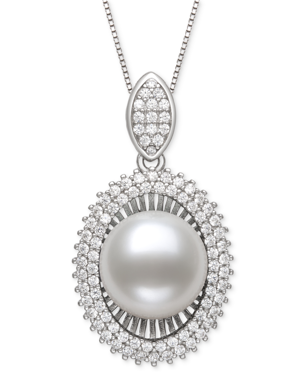 Belle De Mer Peacock Black Cultured Freshwater Pearl (10mm) & Cubic Zirconia 18" Pendant Necklace In Sterling Sil In White