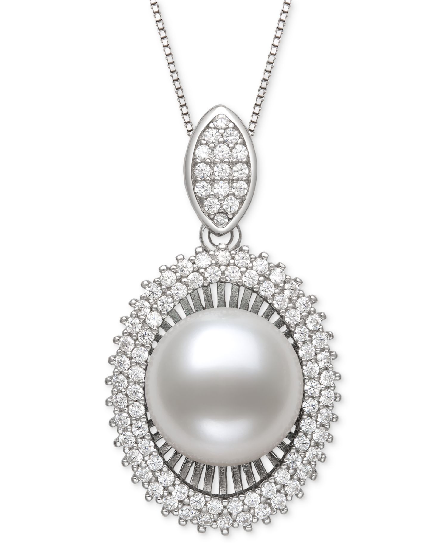 Peacock Black Cultured Freshwater Pearl & Cubic Zirconia 18" Pendant Necklace in Sterling Silver (Also in White Pearl)
