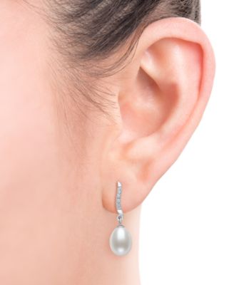 2-Pc. Set Cultured Freshwater Pearl (7-8mm) & Lab Created White Sapphire (1/3 ct. t.w.) Pendant Necklace & Matching Drop Earrings in Sterling Silver