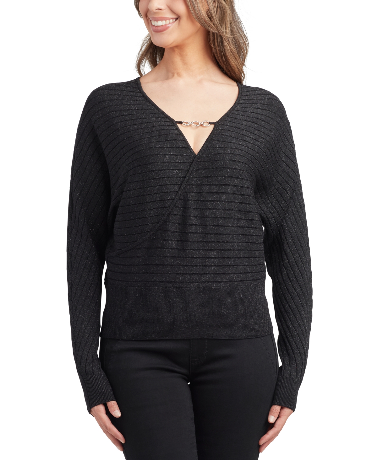 Juniors' Shimmering Embellished-Neck Dolman-Sleeve Sweater - Black