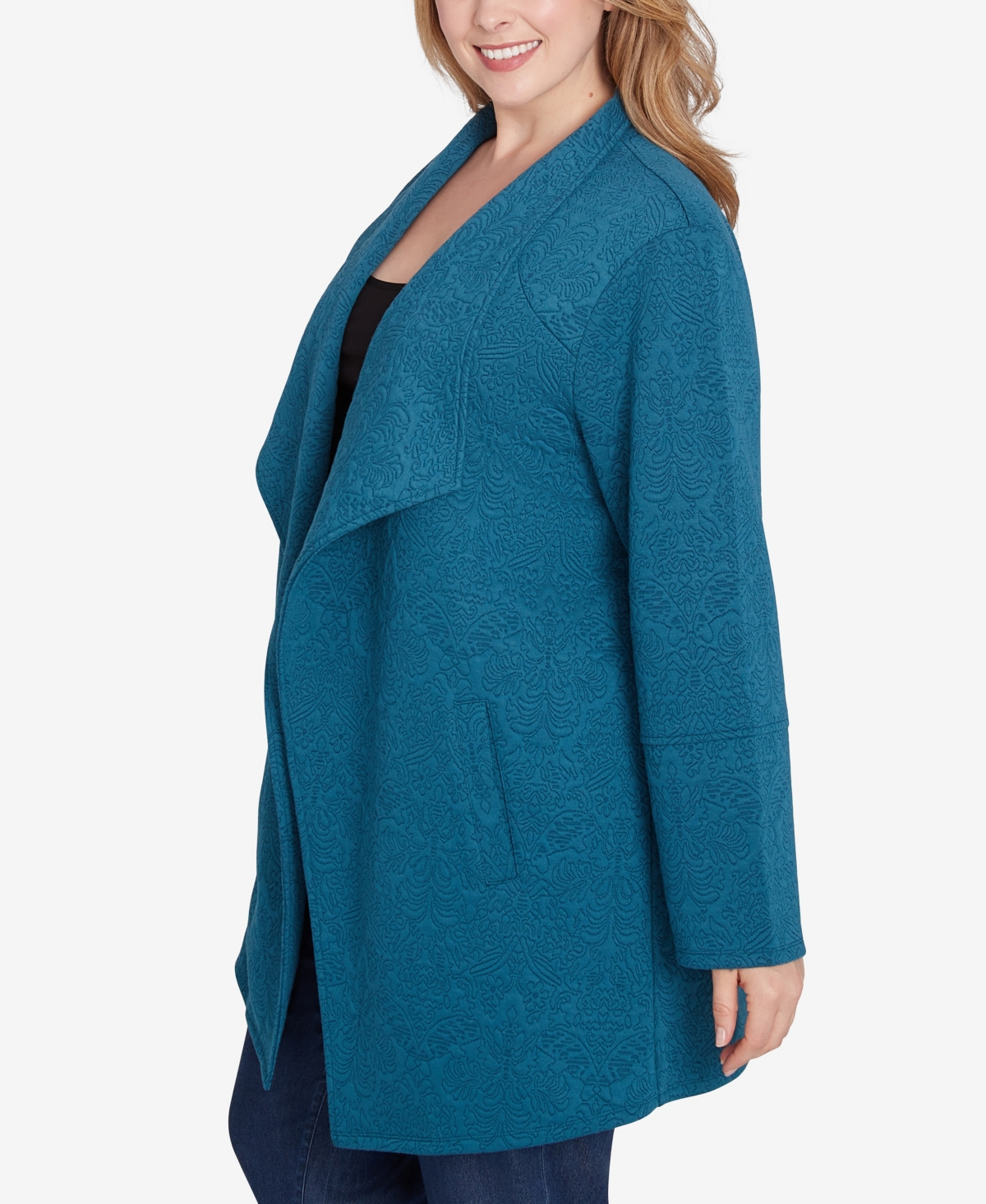 Ruby Rd. Plus Size Winter Scroll Quilted Knit Jacket In Adriatic