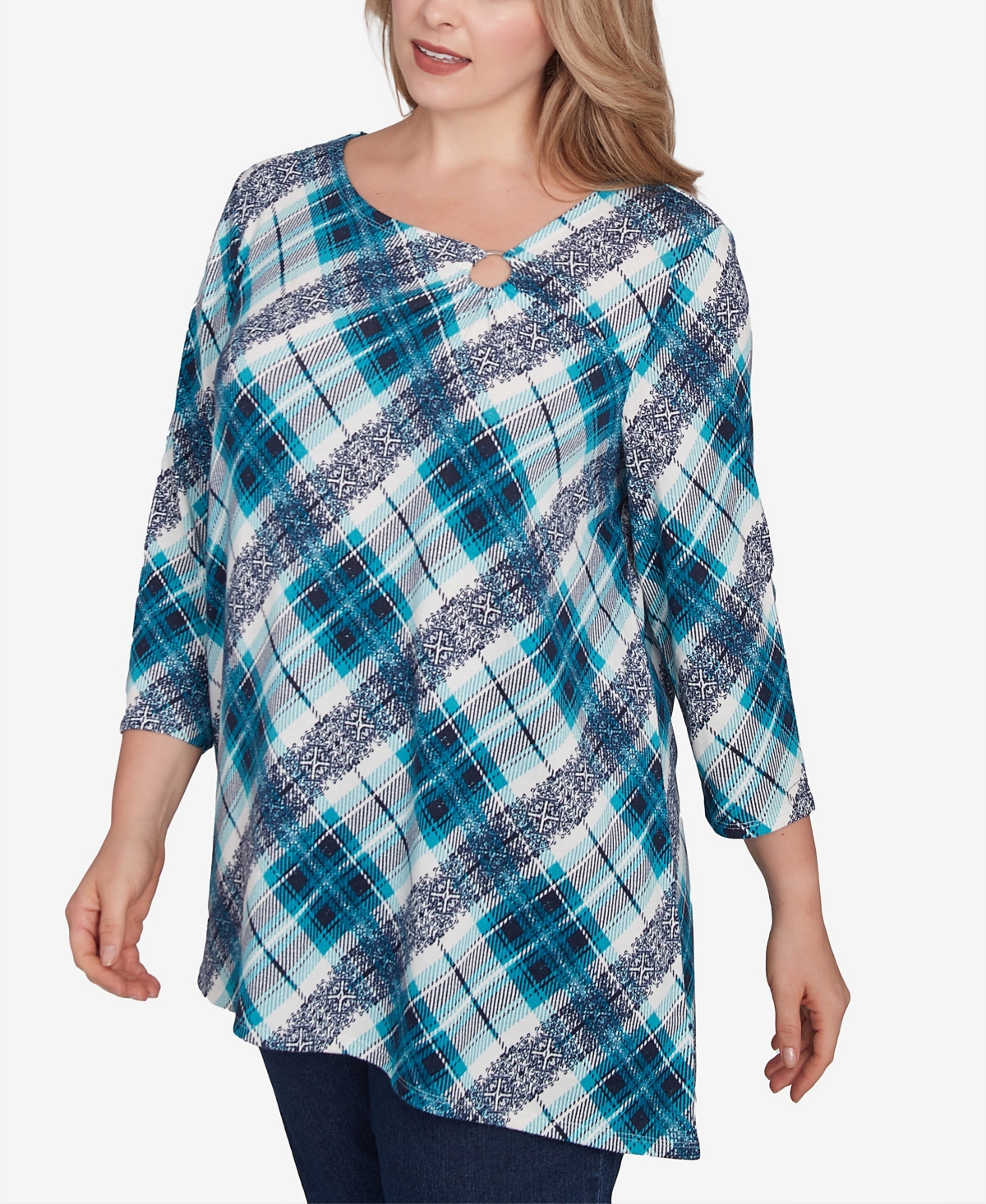 Ruby Rd. Plus Size Ring Neck Plaid Hatchi Knit Top In Navy Multi