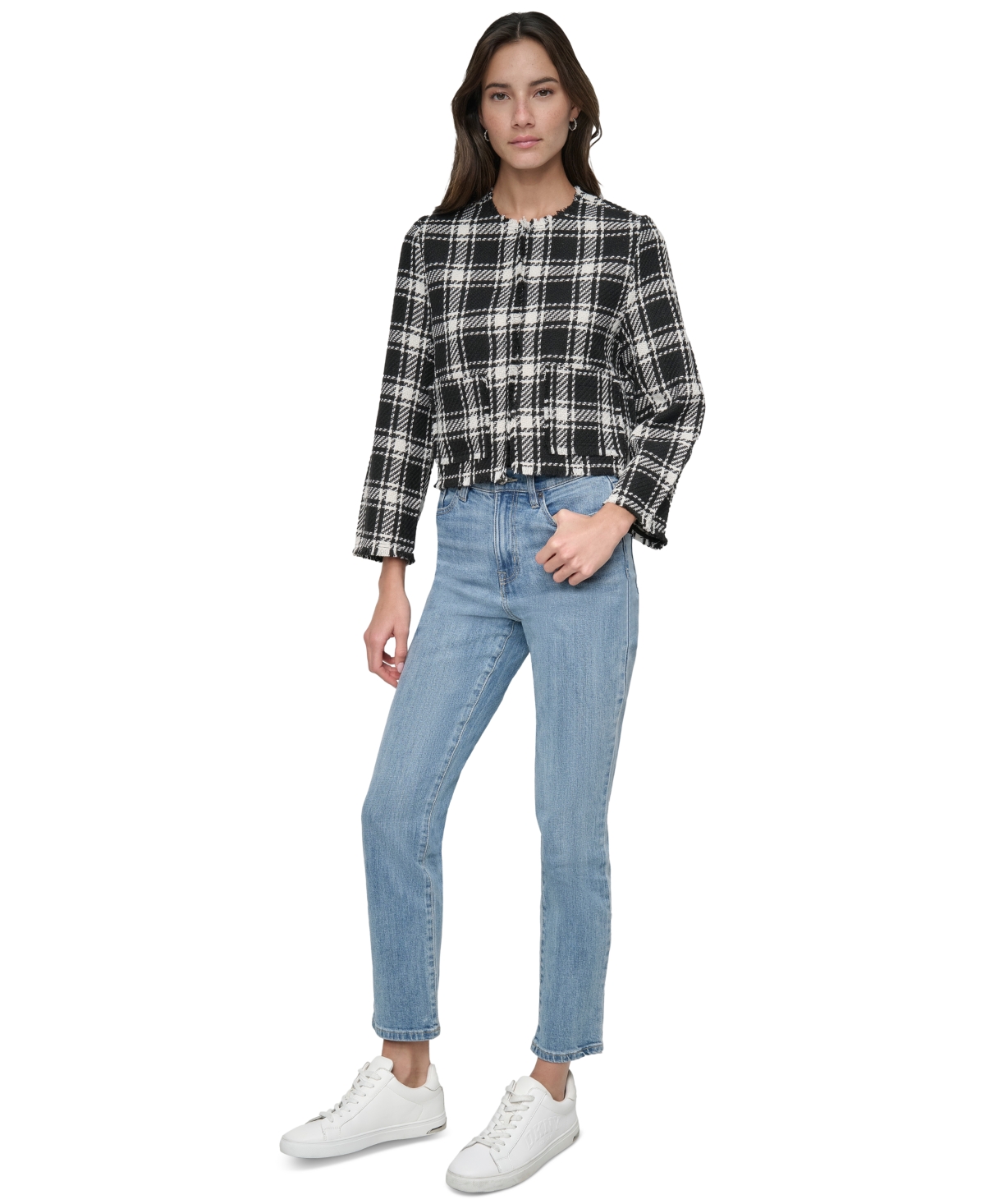 DKNY JEANS WOMEN'S FRAYED CROPPED LONG-SLEEVE JACKET 