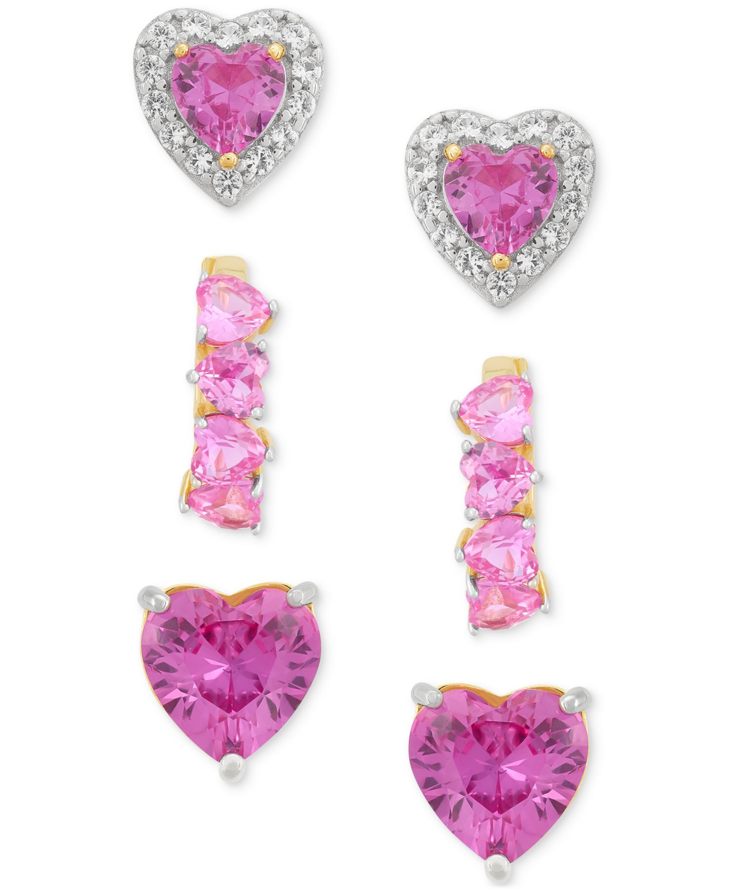 3-Pc. Set Lab Created Pink Sapphire (6 ct. t.w.) & Lab Created White Sapphire (1/2 ct. t.w.) Heart Stud & Small Hoop Earrings 14k Gold-Plated Sterling Silver