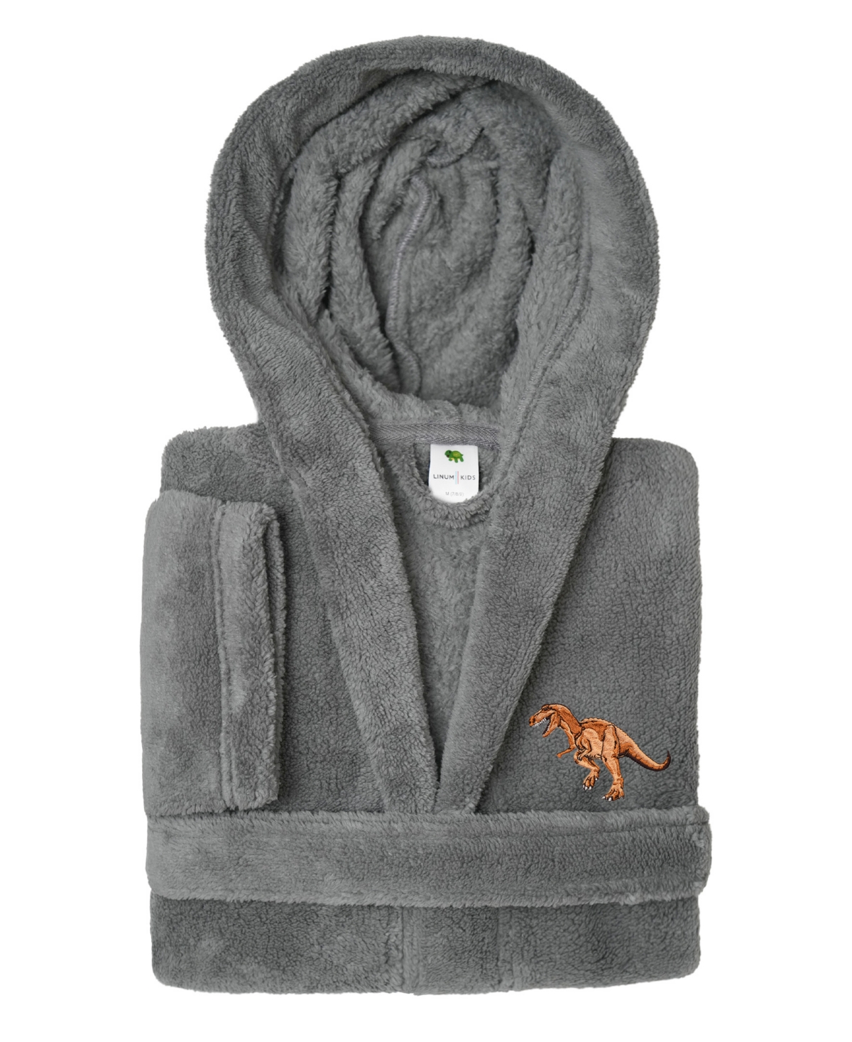 Linum Home Kids Dino Super Plush Double Brushed Hooded Bathrobe In Grey