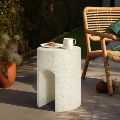 Outdoor Side Table, 17.5'' Mod Cream Cement Small Accent Table, Round with U-Shape End Tables for Garden,Patio,Balcony, Plant Stand