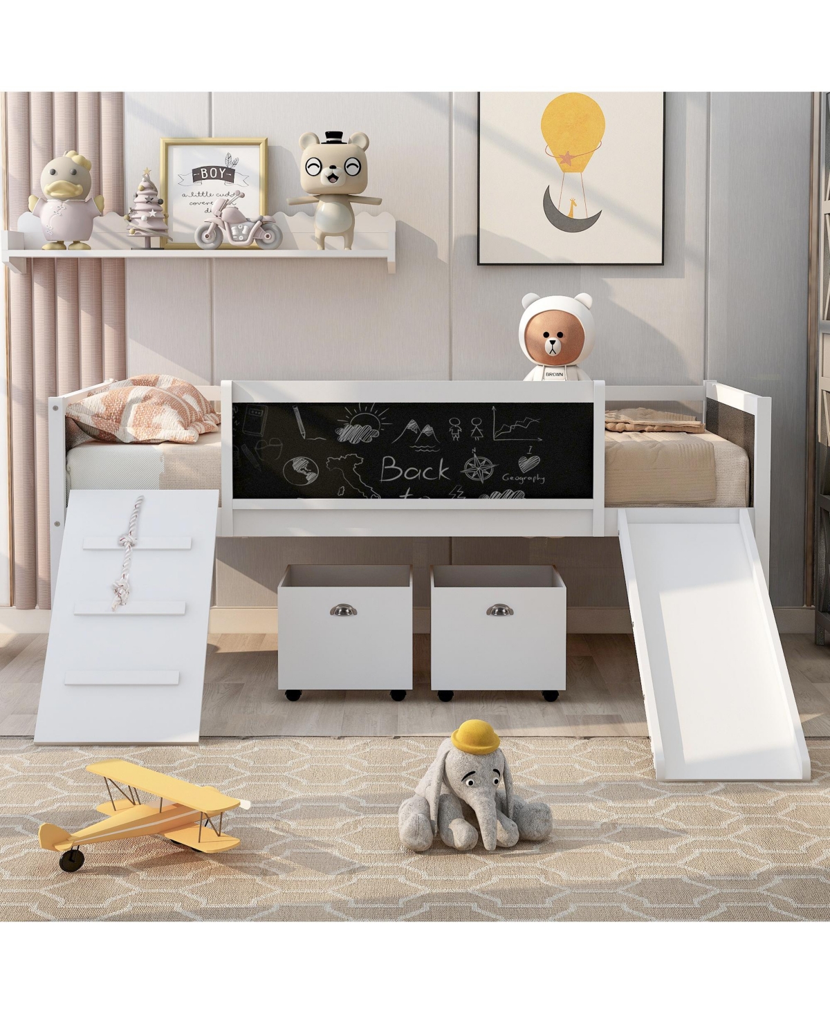 Slickblue Twin Size Wooden Loft Bed with Two Storage Boxes for Space-Saving Kids' Room