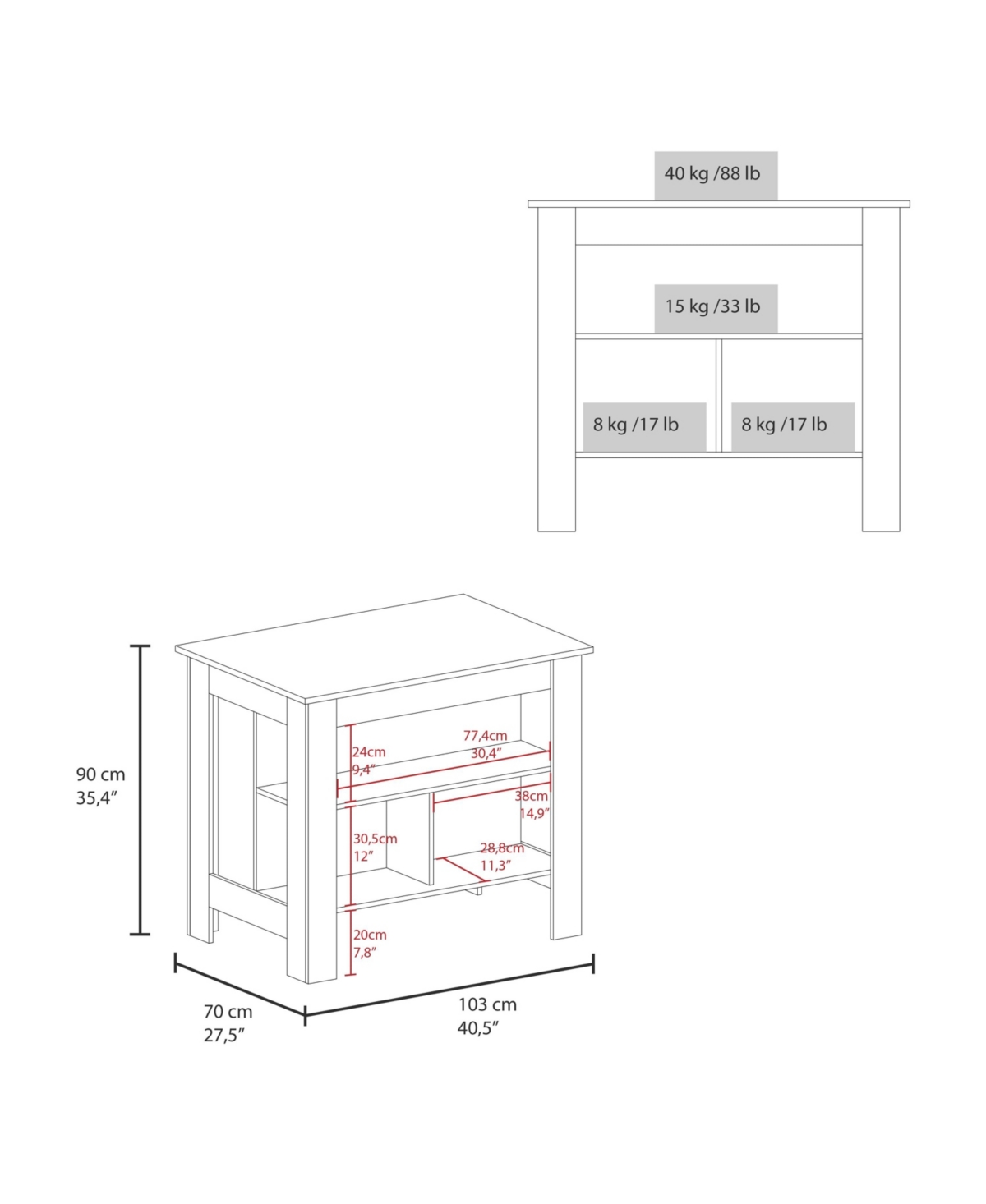 Fm Furniture Aztec Kitchen Island in melamine with open storage,white -white