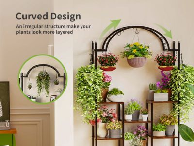 5-Tier Tall Plant Stand  Arched Metal Flower Display Holder Hanging Hooks