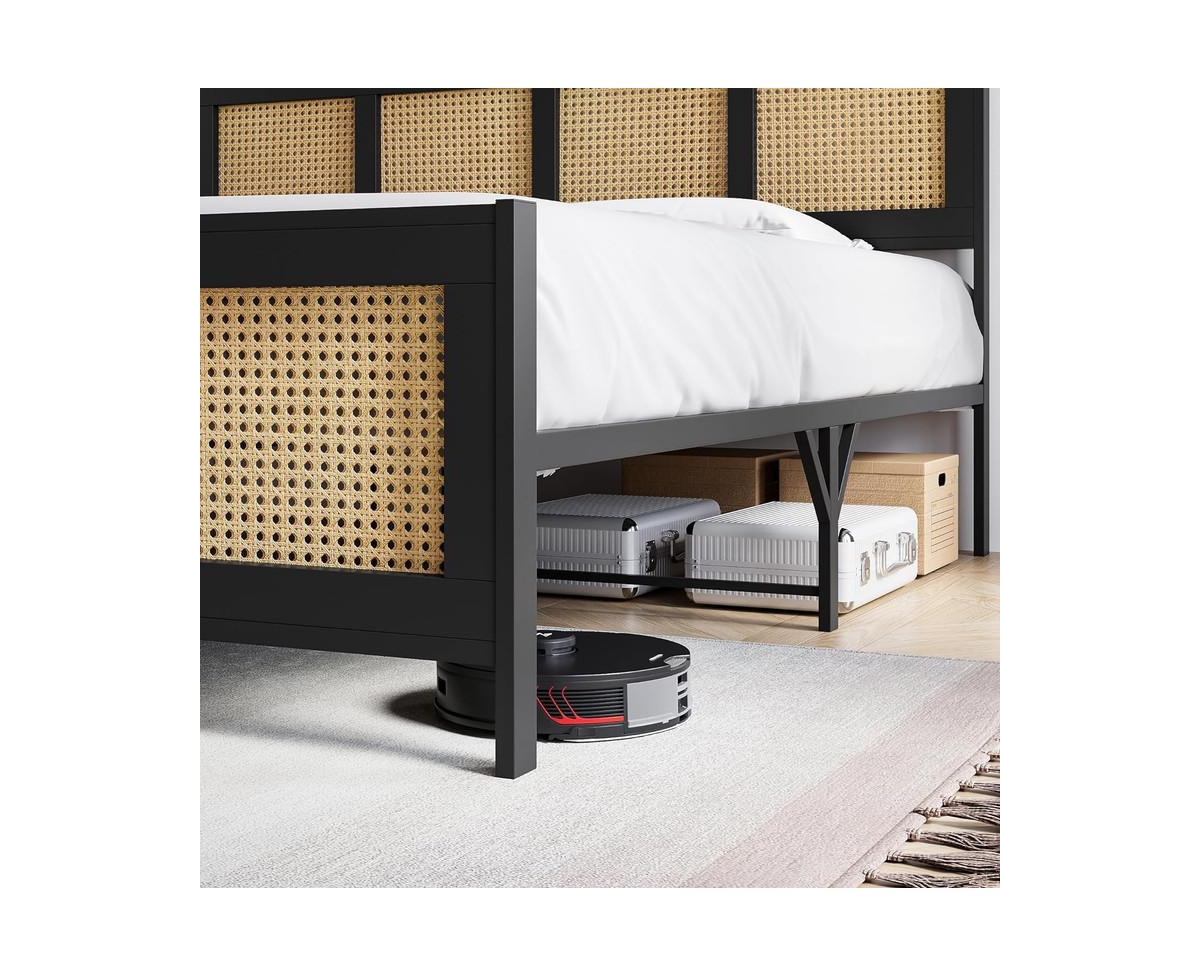 gaomon Size Bed Frame with Rattan Headboard and Footboard, Rattan Platform Bed Frame, Mattress Foundation, No Box Spring Needed,- Black