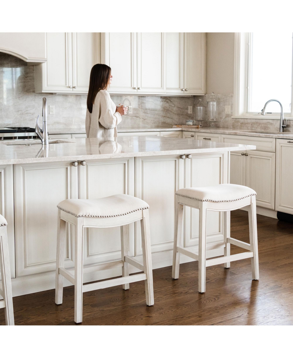 Maven Lane Adrien Saddle Counter Stool Oak Finish w/ Natural Fabric Upholstery - White